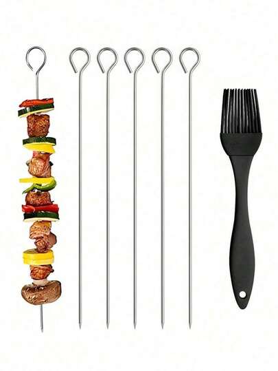 Kebab Skewers, Stainless Steel BBQ Metal Skewers With An Oil Brush, With A Length Of 13.8 Inches. These Are Reusable Kebab Skewers, And They Are Metal Barbecue Skewers Suitable For Outdoor Barbecues And Family Gatherings.