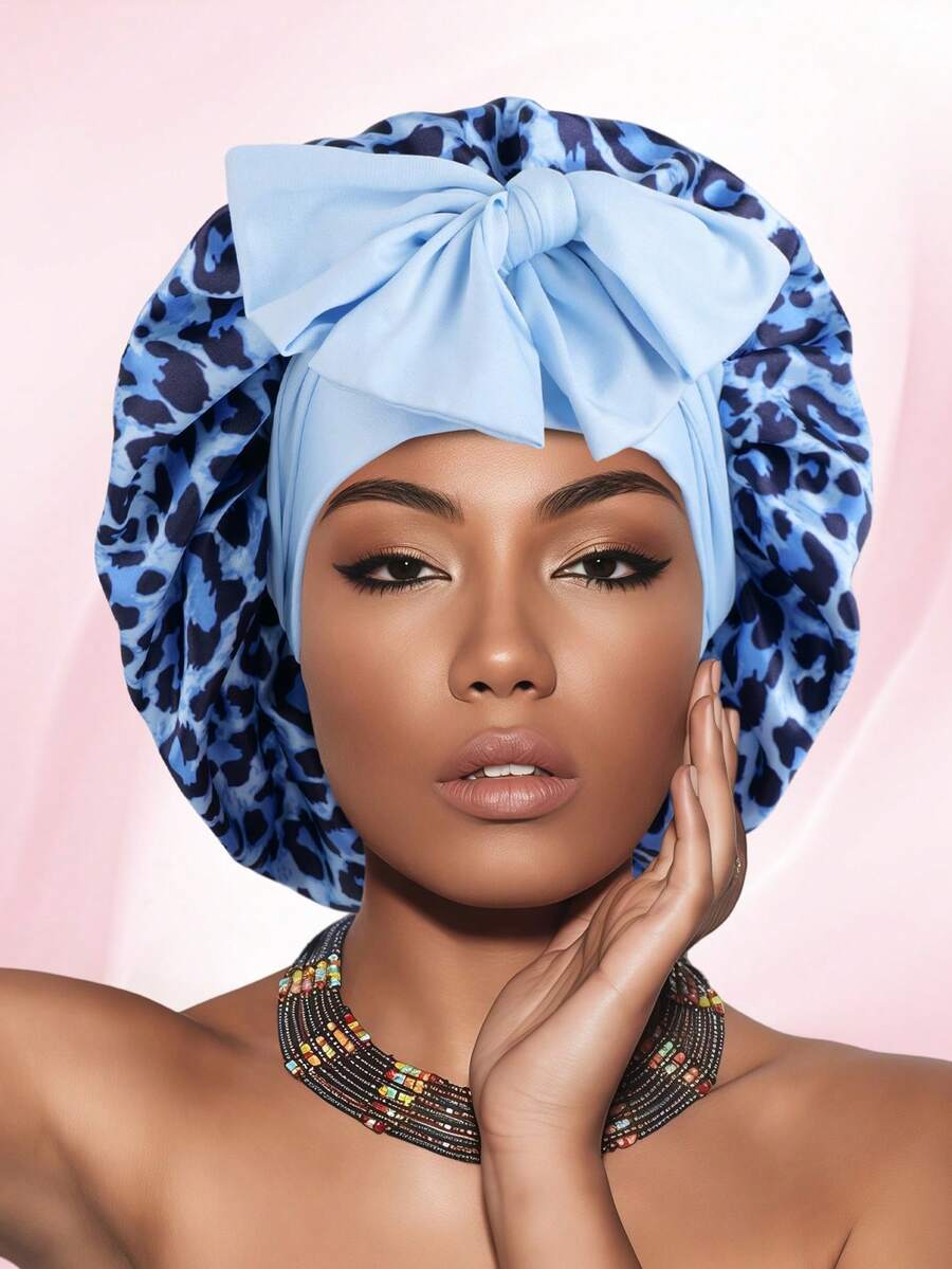 1件缎面蝴蝶结睡帽，纯色弹力带，轻盈透气，适合女性和女孩，黑色睡帽