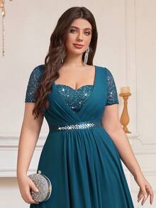 Plus Size Sweetheart Neckline Sequin Floral Lace Contrast Color Rhinestone Satin Waist Chiffon Ruffle Hem Formal Party Maxi Dress, Suitable For Wedding Guest, Prom, Birthday, Banquet, Holiday And Other Occasions Elegant Summer - Dusty Blue - View 9
