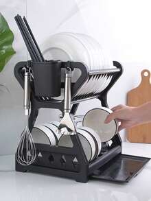 1 Stück schwarzer mehrstöckiger Kunststoff-Geschirrständer mit Abtropfbrett - platzsparende, multifunktionale Aufbewahrung für Küchenutensilien und Geschirr, erhöhtes Regaldesign, Weihnachten