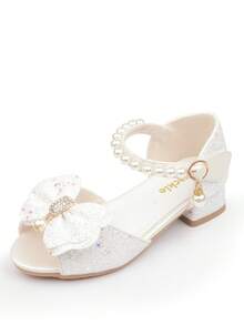 Girls' Crystal High Heel Sandals With Bow, Princess Shoes, White