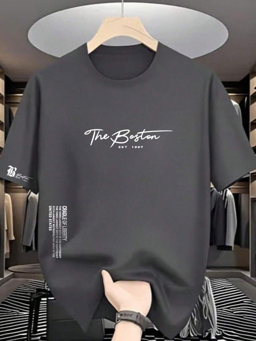 Tween Boys Students Casual Printed Round Neck Short Sleeve T-Shirt, Summer Top - Dark Grey - View 1