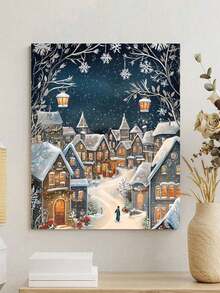 40*50cm Pintura digital al óleo sin marco Kit DIY - Pueblo nevado por la noche, escena navideña. El set completo incluye pintura, pinceles y un contorno de alta definición para principiantes, arte de alivio del estrés, decoración de pared, regalo creativo. Proceso de 3 pasos para completar una obra maestra, experiencia artística inmersiva para liberar el estrés. - Azul oscuro - Ver 2