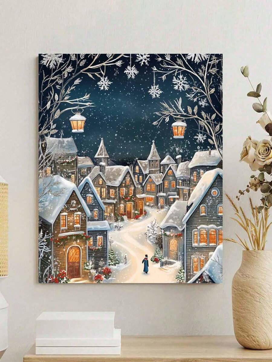 40*50cm Pintura digital al óleo sin marco Kit DIY - Pueblo nevado por la noche, escena navideña. El set completo incluye pintura, pinceles y un contorno de alta definición para principiantes, arte de alivio del estrés, decoración de pared, regalo creativo. Proceso de 3 pasos para completar una obra maestra, experiencia artística inmersiva para liberar el estrés.