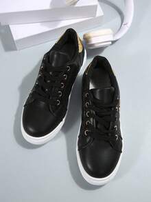 Women's New Black Flat Round Toe Lace-Up Lightweight Casual Sports Sneakers, Versatile Trainers For Students, Multiple Colors Available, Suitable For Spring And Autumn