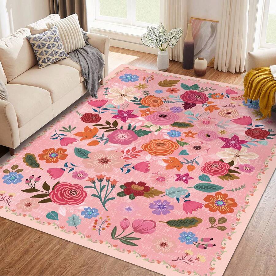 Bcareself Washable Hot Pink Area Rug Hot Pink Boho Large Living Room Rug Floral Non-Slip Soft Oriental Vintage Color Bedroom Carpet Dining Room Nursery Home Office Indoor Decor - 玫紅色 - 查看 1