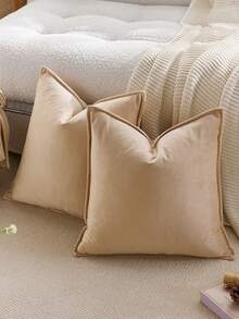 1 件天鹅绒边缘抱枕套纯色方形靠垫套，适用于沙发、卧室和汽车，秋季装饰，秋季装饰，房间装饰 - 卡其色 - 查看 10