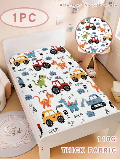 1PC Lively Dinosaur And Tractor Prints Bedding Sheet For Boys Girls, Fun "BEEP!" Fitted Sheet For Standard Crib And Toddler Mattress, 110g High-Quality Kids Sheet