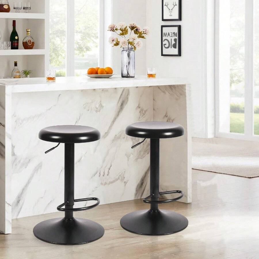 Adjustable Bar Stools Set Of 2, Backless Counter Height Bar Stools, Modern Swivel Round Metal Counter Stools, Armless Bar Chairs With Footrest For Kitchen Island, Pub Cafe