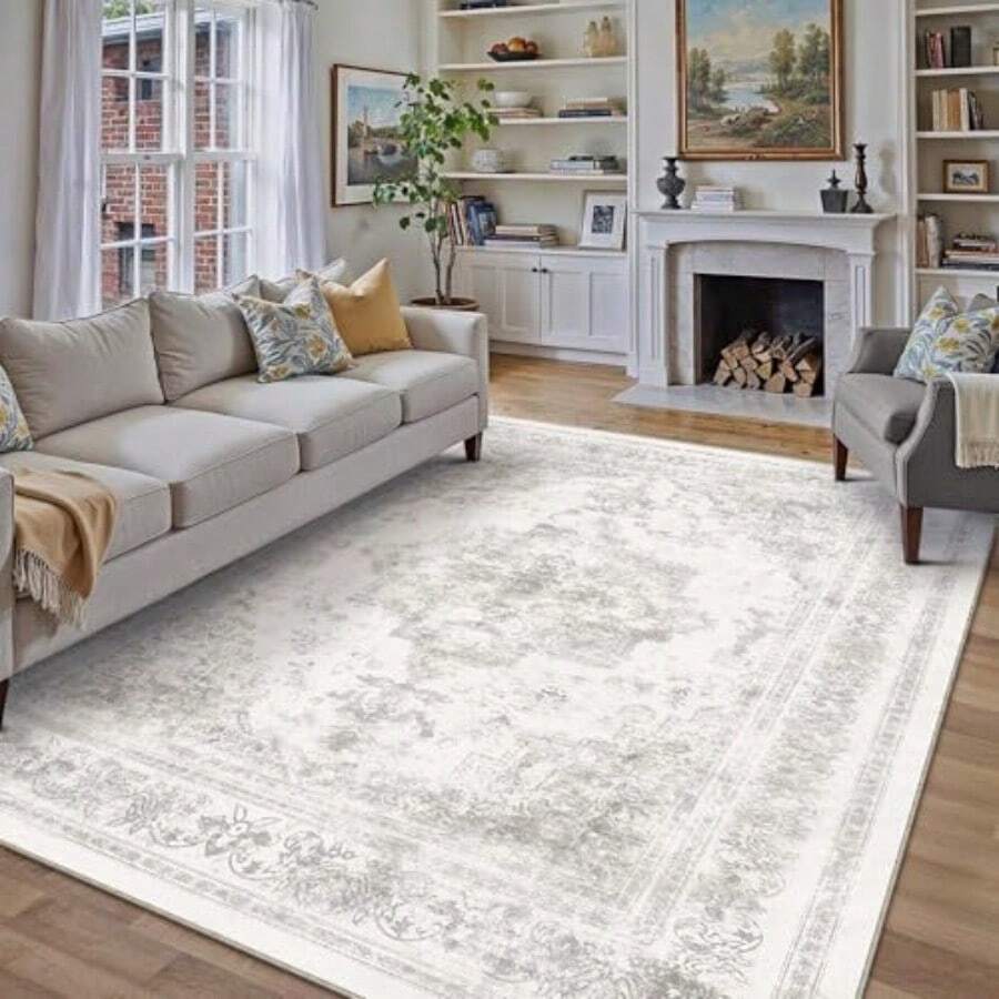 Washable Rug 9x12 Area Rug For Living Room Light Gray Vintage Boho Medallion Large Grey Distressed Retro Carpet Non Slip Indoor Low Pile Small Soft Bedroom Dining Room Home Office - DistressedLightGrey - View 1