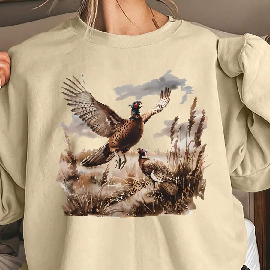 Graphic Tees Women's Retro Pheasant Pattern Printed Sweatshirt - Soft Beige Round Neck Casual Pullover, Medium Elastic Machine-Washable Autumn And Winter Comfort Top, Autumn Clothing, Comfortable And Suitable For The Body - Apricot - View 1