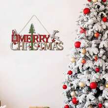 1 Piece Christmas Wooden Decoration Hanging Ornaments Happy Christmas Letter Wooden Sign, House Christmas Tree And Elk Creative Decoration Sign, Suitable For Christmas Front Door Decoration Holiday Party Decoration Hanging Ornaments Home Decor Christmas Decorations Room Decor