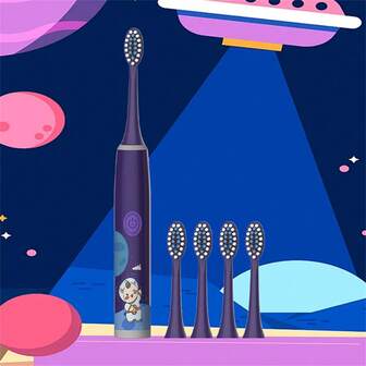 Children's Electric Toothbrush, Model W8 - 6 Color Options (Space Series With 5 Brush Heads), Suitable For Boys & Girls Aged 3-15, Soft Bristles, IPX7 Waterproof, Whitening, Automatic Electric Toothbrush With One-Touch Start (Batteries Not Included)