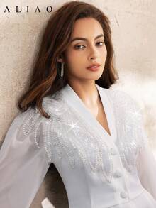 Aliao 镶钻刺绣 V 领泡泡袖长袖西装外套，商务休闲风，简约风格，优雅日常穿着，适合情人节、婚礼、活动、外出、感恩节、毕业典礼、返校季、假日等场合。 - 白色 - 查看 2