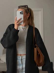 Women's Black V Neck Long Sleeve Cardigan With Pockets Regular Length Medium Stretch Fabric - Black - View 7