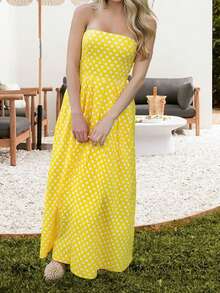 Women Dot Print Strapless Dress Off Shoulder Sleeveless A-Line Long Dress With Pockets For Daily Travel Party - Màu vàng - Xem 4