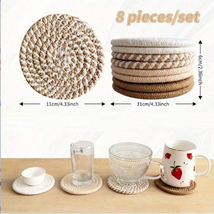 1/4/8pcs Woven Drink Coasters, Round Absorbent Beverage Cup Mats, Handmade Fabric Coasters, Absorbent Coaster Set With Tray, Bohemian Style