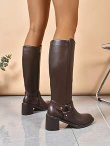 2025秋冬新款方跟过膝长靴，修身剪裁，欧美时尚高跟长靴，黑色（请根据尺码表下单） - 棕色 - 查看 4