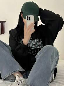 Women's Loose Fit Graphic Print Crew Neck Sweatshirt, Casual Long Sleeve Pullover For Autumn/Winter - Black - View 3