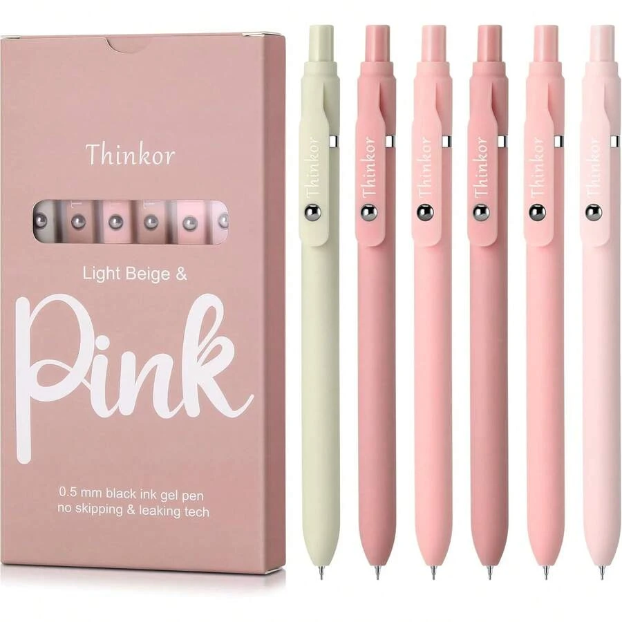 Thinkor Gel Pens, 6 Pcs 0.5mm Quick Dry Black Ink Pens Fine Point Smooth Writing Pens, Cute Office School Supplies Gifts Women (6 Pcs Pink -Black Ink)