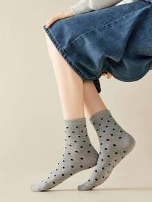 5 双女士简约波尔卡圆点图案甜美蕾丝边舒适柔软休闲百搭中筒袜，适合日常穿着 - 彩色 - 查看 5