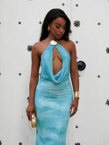 Yess Loren Solid Blue Color Backless Spaghetti Strap Bodycon Dress, Elegant Beach Holiday Dress, Backless Long Dress, Spring/Summer,Bohemian Clothes,Bodycon Dress