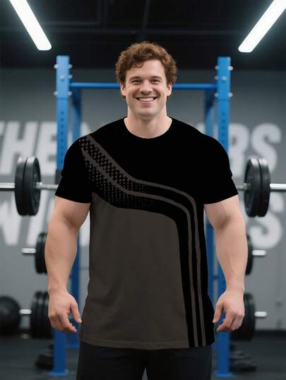 大码男士黑色印花短袖 T 恤，休闲圆领透气运动上衣，夏季