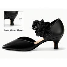Womens Kitten Heel Closed Toe Pumps Slip On Dress Shoes With Flower Comfortable Formal Party Dance Heels - Black - View 3
