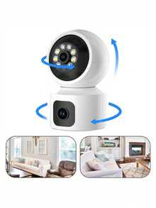 3MP +3MP Dual Lens WiFi Security Camera - AI Tracking, Full-Color Night View, Two-Way Audio, Gimbal Rotating Home Monitoring, USB Power Supply, No Memory Card, 1 White Unit, One Screen Dual Screen