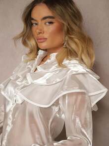 Ruffled Solid Color Front Button Sheer Elegant Long Sleeve Shirt - White - View 5