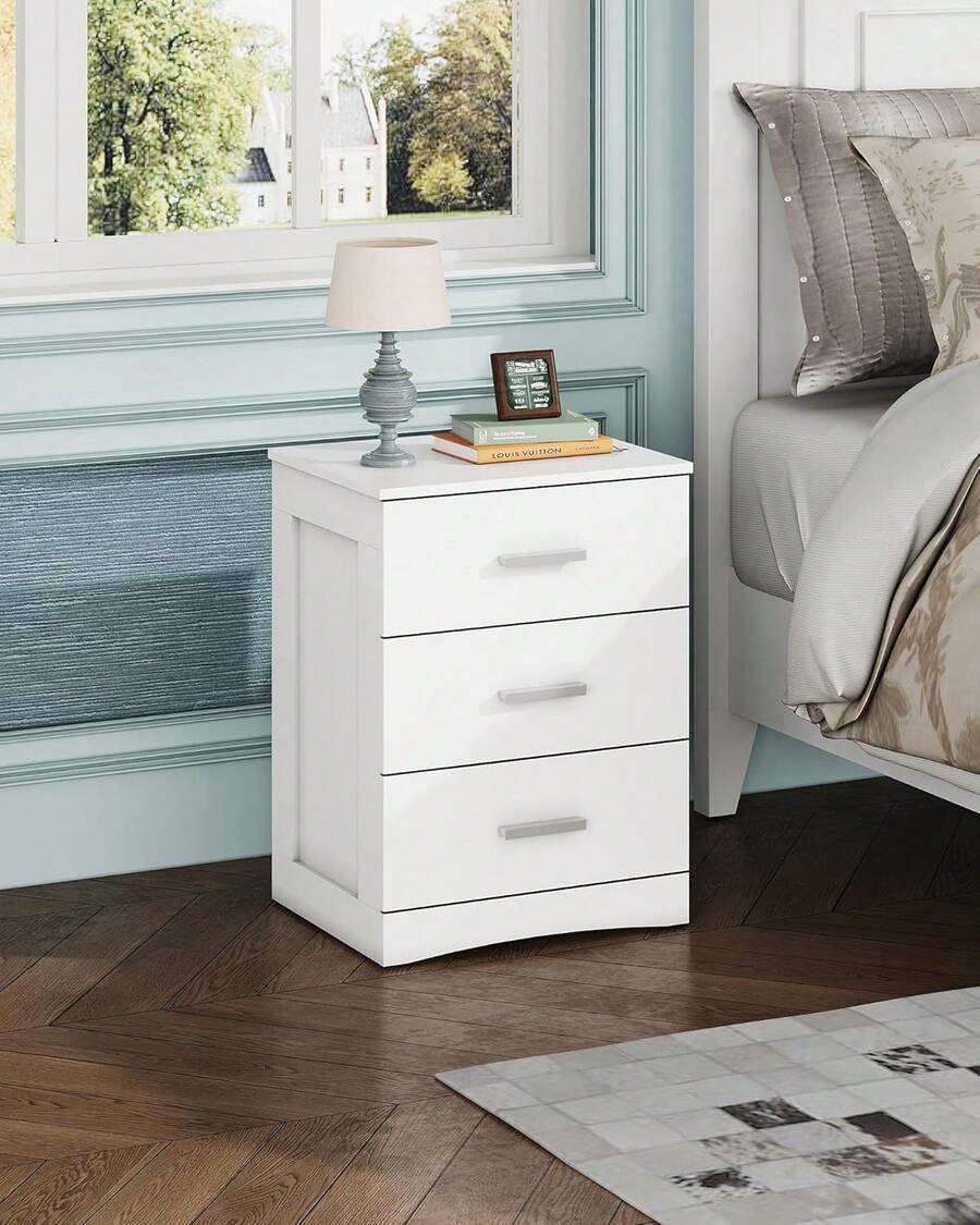Night Stand, Wood Nightstand With 3 Storage Drawers, Bed Side Table For Bedroom, Living Room, Dorm, Modern Minimalist Bedside Table - 白色 - 查看 1