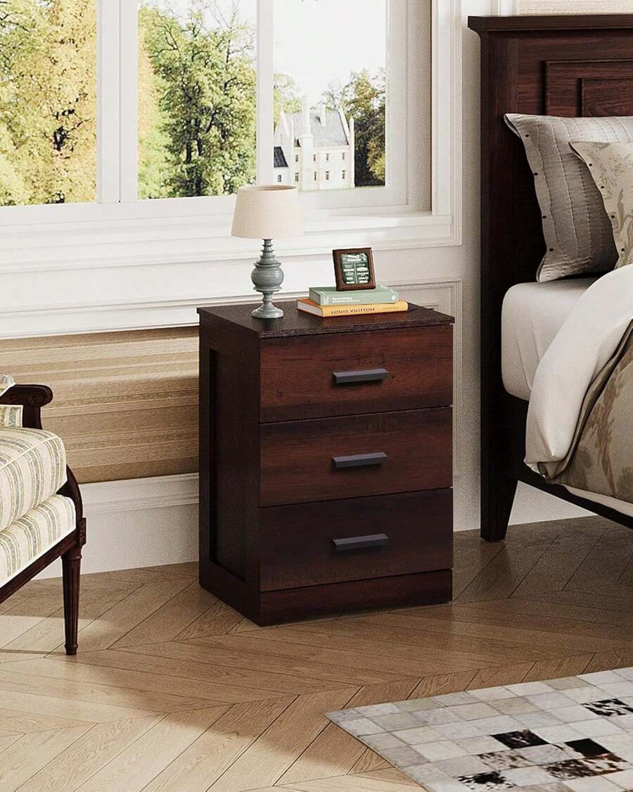 Night Stand, Wood Nightstand With 3 Storage Drawers, Bed Side Table For Bedroom, Living Room, Dorm, Modern Minimalist Bedside Table - Cà phê espresso - Xem 1