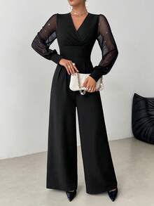 Elegant Black V-Neck Long Sleeve Straight Sheer Mesh Jumpsuit With Rivet Decor, Machine Washable, Exquisite Style - Black - View 5