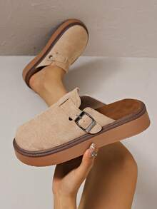 新款圆头时尚厚底一脚蹬平底鞋，米色、杏色、棕色、灰色，休闲百搭女士春夏穆勒鞋，金属扣，品质升级