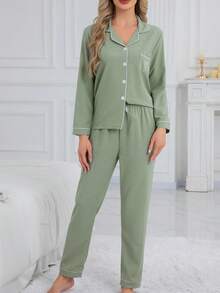 2pcs Women Long Sleeve Top And Pants Pajama Set, Casual Loose Embroidery Heart Homewear Suitable For Home And Outdoor, Autumn, Fall Winter Clothes, Christmas - Green - View 5