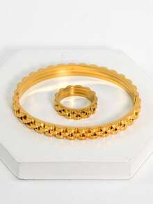 2 件/套 18K 镀金不锈钢手链和戒指首饰套装，适合女性日常佩戴，经典欧美流行表链造型设计，防水，优雅奢华的休闲表带首饰套装，婚礼首饰套装，送给女孩、女士、妈妈、亲戚、朋友的礼物，美丽的婚礼、生日、母亲节、女友情人节 - 金色 - 查看 4