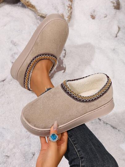 Women's Autumn/Winter Warm Thermal Slippers With Back Strap, Lace Trim, Plush Thick Sole, Non-Slip, Indoor/Outdoor