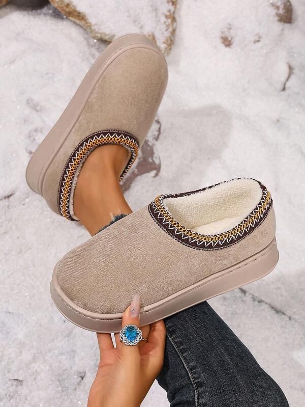 Women's Autumn/Winter Warm Thermal Slippers With Back Strap, Lace Trim, Plush Thick Sole, Non-Slip, Indoor/Outdoor