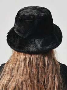 1 件百搭休闲百搭保暖纯色人造毛皮渔夫帽 - 黑色 - 查看 5