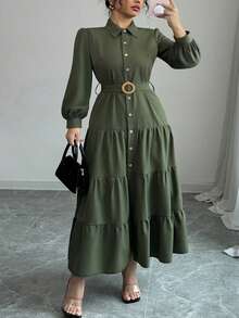Plus Size Solid Color Fabric Ruffle Trim Button Front Dress, Casual Everyday Wear, Spring/Autumn - Green - View 4