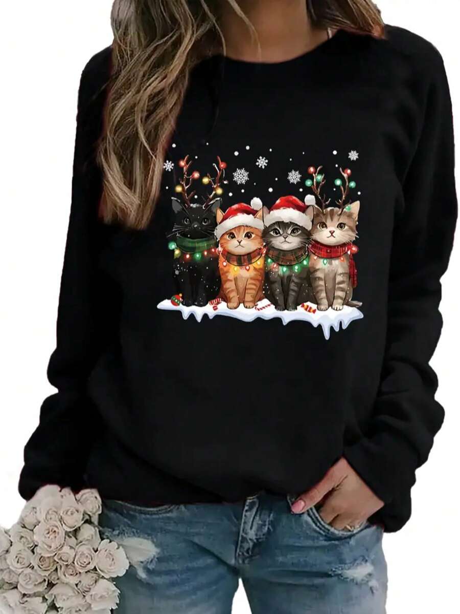 Women's Christmas Print Crew Neck Long Sleeve Sweatshirt | SHEIN UK