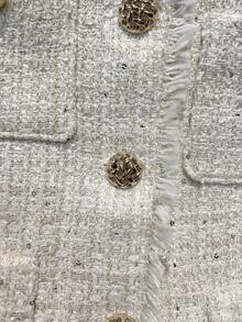 Giacca elegante da donna con collo rotondo, monopetto, con paillettes, in tweed testurizzato metallico vintage casual, colore beige