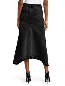 Women's Casual High Waist Long Jean Skirt A-Line Denim Maxi Skirt With Irregular Raw Hem Vintage Street Style - 黑色 - 查看 5