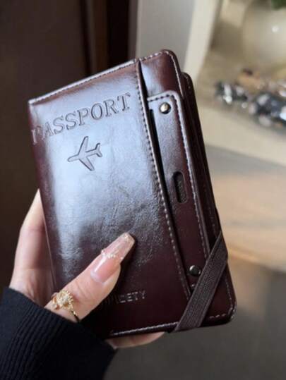 1 件多功能护照夹和卡夹，PU 皮革护照套，适合旅行、学校、度假、商务旅行、男女通用，多功能护照夹卡夹身份证登机牌、储物袋票夹钱包一体式女士