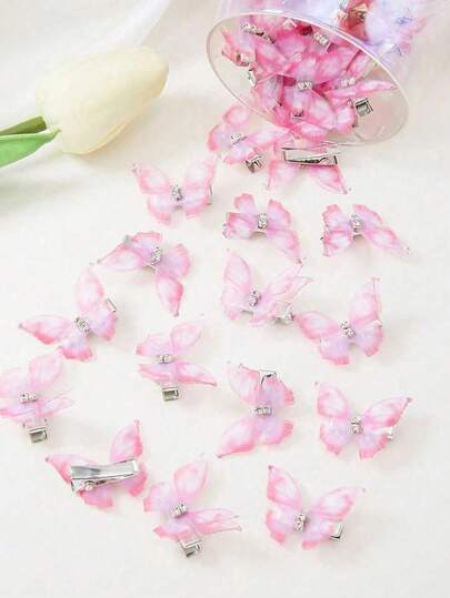 10pcs/Set Girls' Pink Double-Layer Crystal Tulle Butterfly Hair Clips, Cute Princess Style Hair Accessories, Hair Claws, Hair Pins, School Supplies