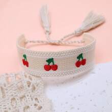 1 Stück kreative bestickter Pfirsich Handgemachter gewebter Vintage Quasten Boho Lässig Urlaubsstil süßes Armband, geeignet als Geschenk für Familie, Freunde, Studenten, Feiertage, Partys, Reisen - Beige - Übersicht 8