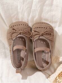 1 par de zapatos planos de unicolor para niños, diseño calado con decoración de lazo, punta redonda, estilo slip-on con , suave y cómodo, estilo minimalista, adecuado para todas las estaciones, para uso interior y exterior, escuela