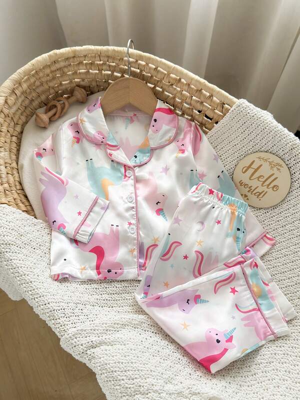 Baby Girls' Cute Cartoon Unicorn Print Lapel Pajamas Set, Infant Sleepwear