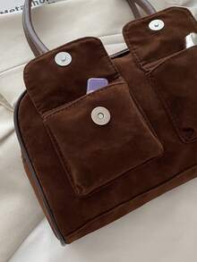 高级手提包女新款时尚百搭圆形绒面鹿绒多口袋手提包拉链单肩包托特包，女式秋冬时尚手提包大容量多口袋通勤包，女士音乐节、派对、礼品包 - 咖啡 - 查看 11