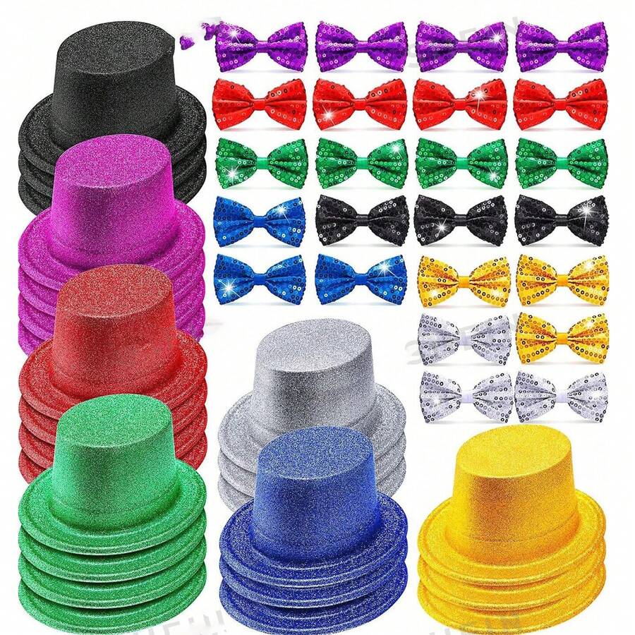 6pcs Unisex Sequined Lincoln Hat Sequined Bow Set Retro Ballroom Jazz Hat Fashionable Party Outfit - Multicolor - View 1